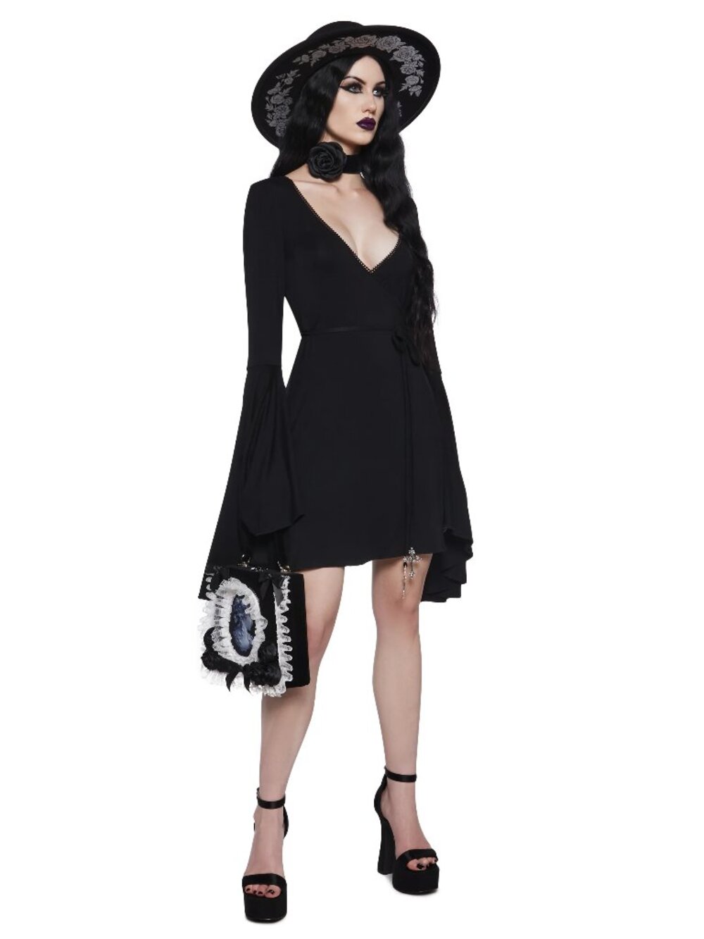 Widow Queen Of The Cursed Wrap Goth Bell Sleeve Belted Witchy Boho Dress - Picture 2 of 7